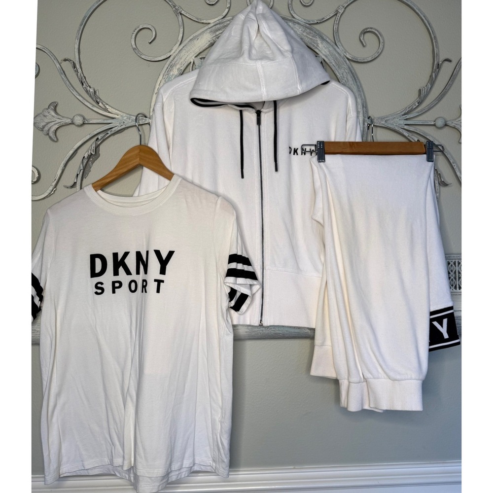 DKNY Sport Womens 3 Piece Set White‎ Hoodie Graphic Tee Joggers Medium EUC